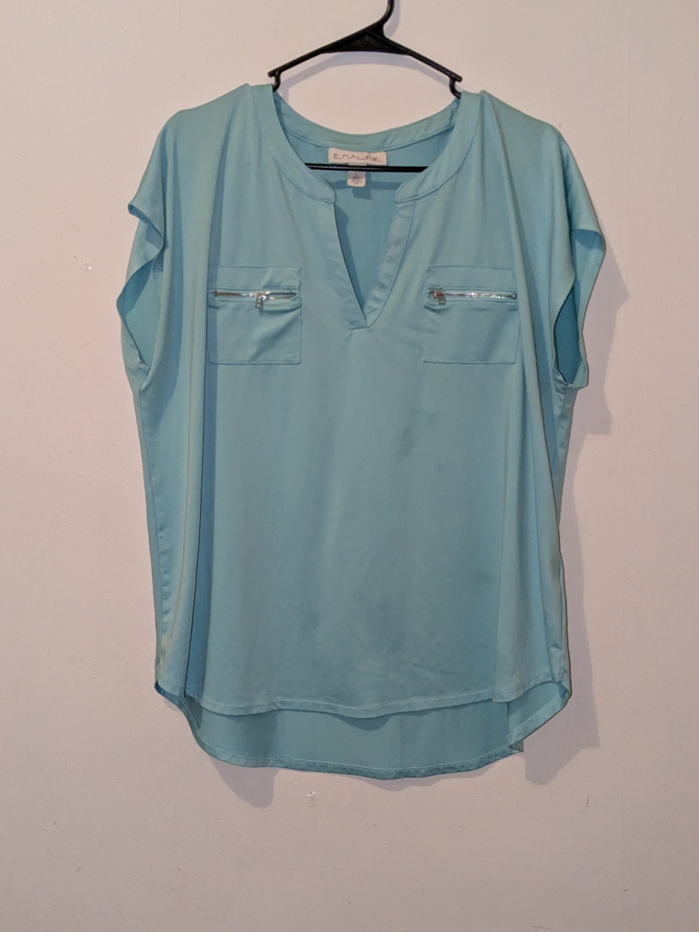 Light Aqua Split-Neck Blouse with Zip Pockets